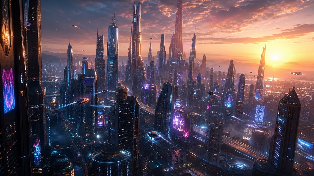 Cinematic futuristic city at dusk