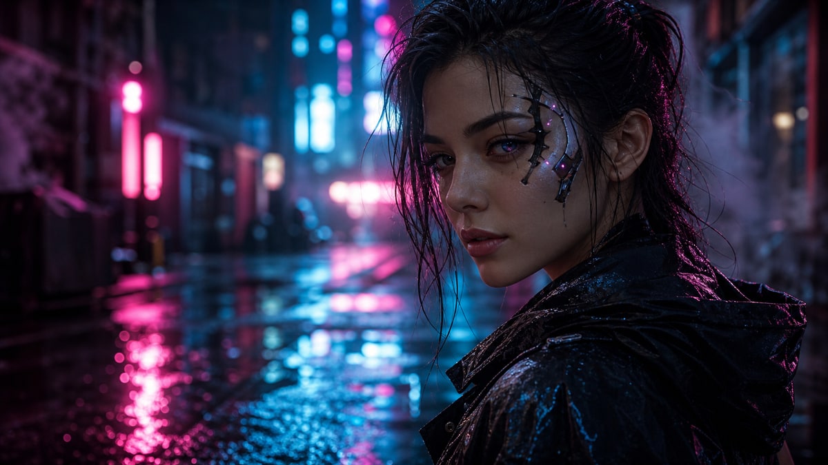 Cyberpunk street portrait with neon lights