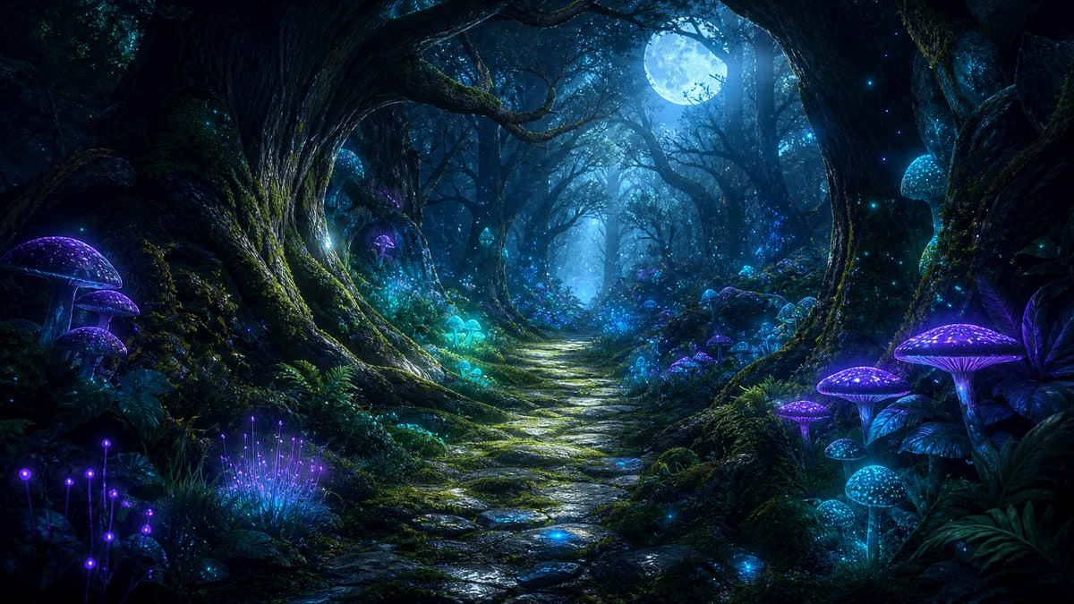 Enchanted bioluminescent forest path