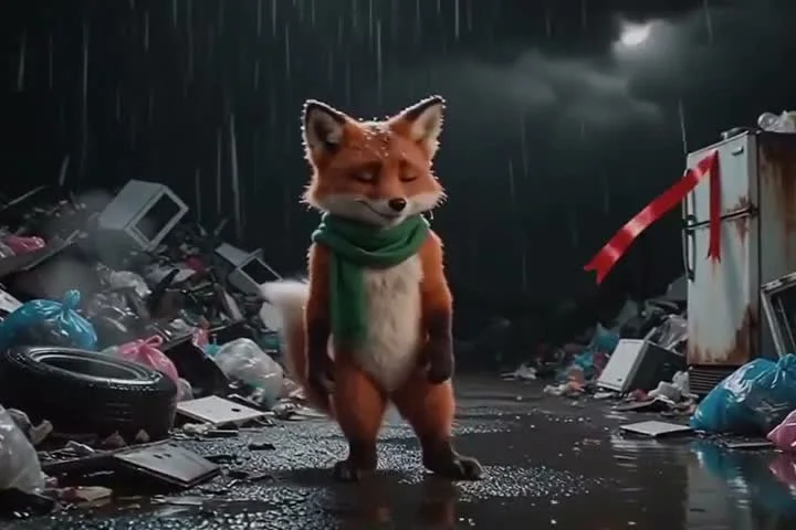 AI-generated Fox in Rainy Junkyard video created with Kling 2.6