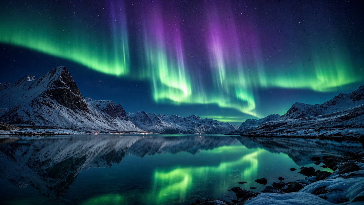 Northern lights over fjord